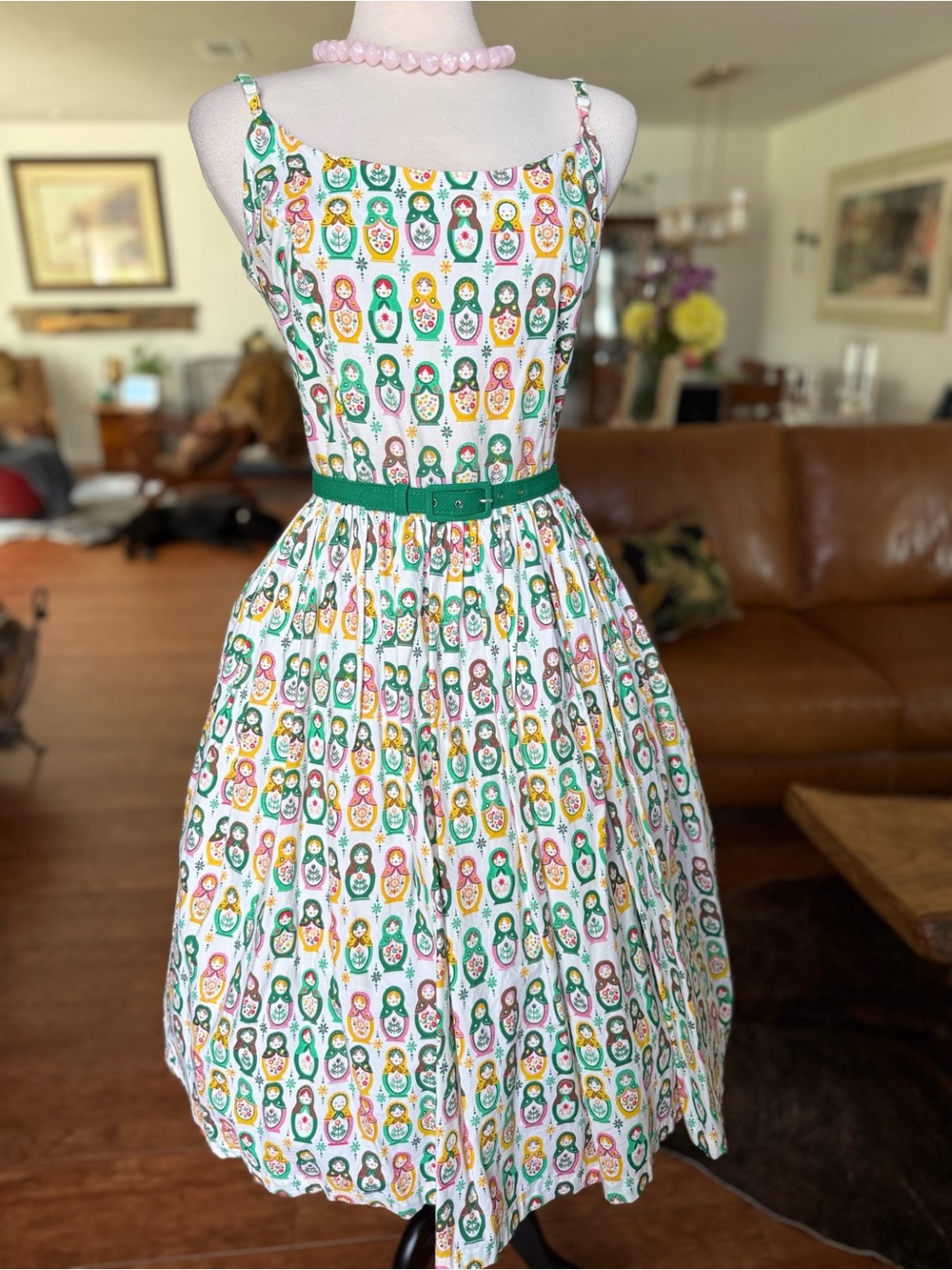 🪆Tatyana White Midi Dress with Green, Yellow, Pink and Teal Matryoshka Print
